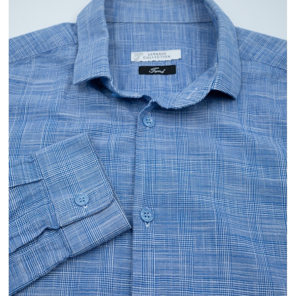 Versace Collection Trend Mens Blue Glen Plaid Button Down Shirt Size 38